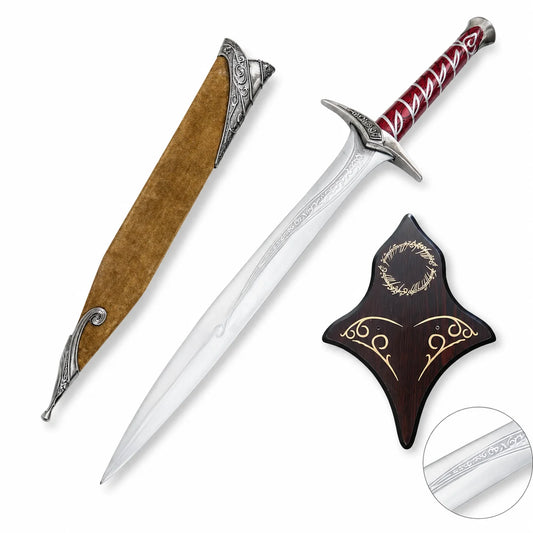 Sting sword LOTR elven collectible display replica with red wooden grip and silver vine inlay for fantasy decor
