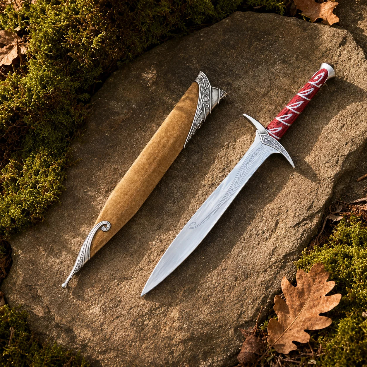 Sting sword prop replica full length with golden faux-suede scabbard resting on mossy forest rock in golden sunlight – LOTR display collectible