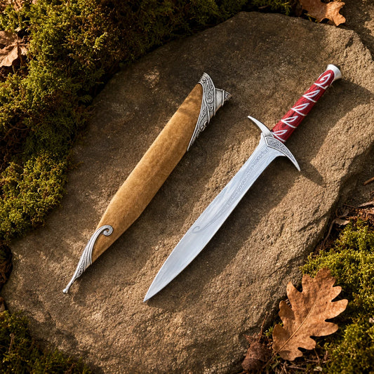 Sting sword prop replica full length with golden faux-suede scabbard resting on mossy forest rock in golden sunlight – LOTR display collectible