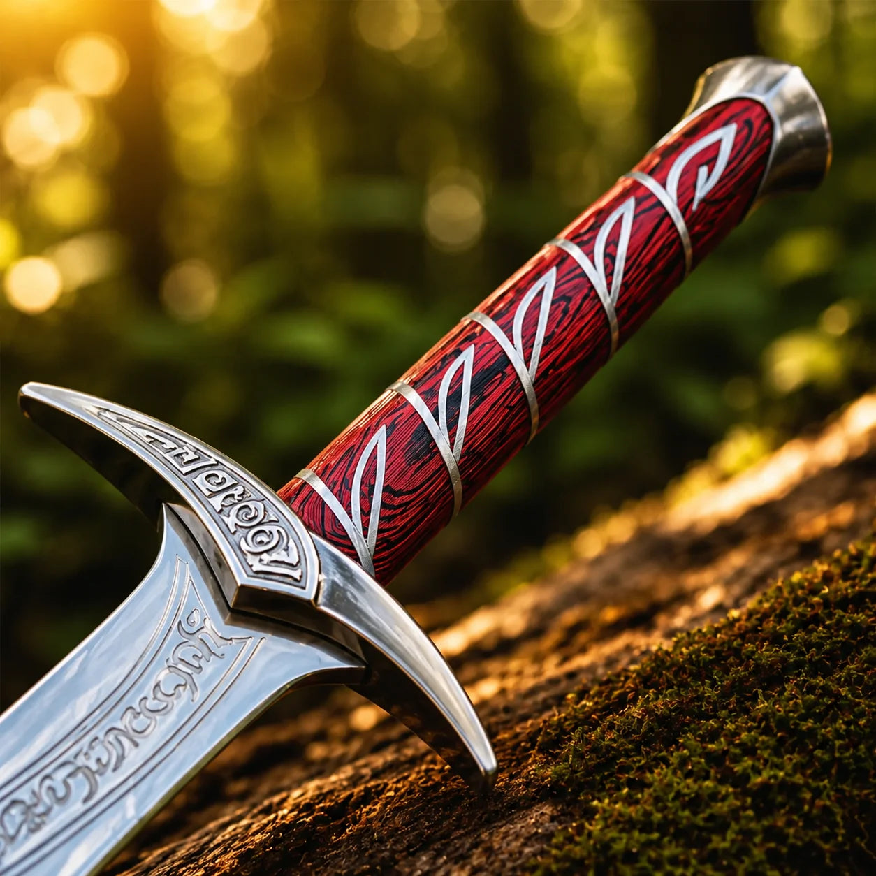 Sting sword prop replica with silver Elvish engraved blade and golden scabbard on mossy forest rock with autumn leaves – LOTR Hobbit collectible