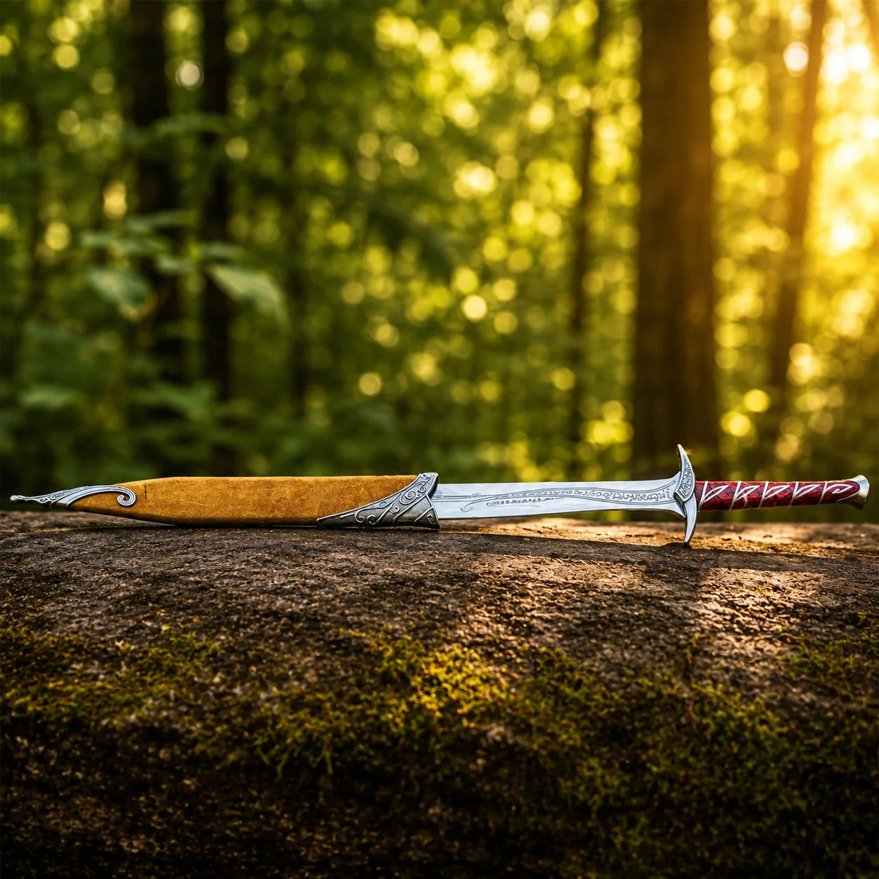 Sting sword prop replica full length with Elvish engraved blade resting on mossy forest log with green foliage – Tolkien Hobbit display collectible