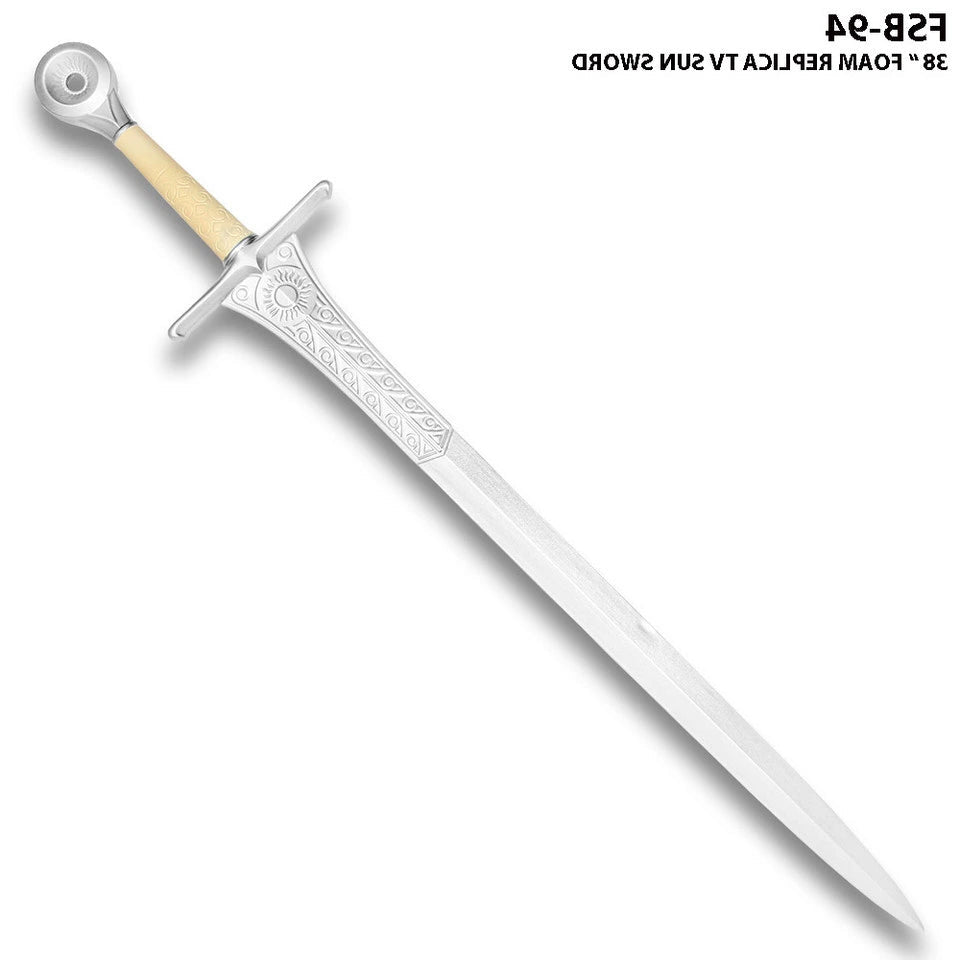 Full-length Sun Sword Foam display collectible showcasing premium foam craftsmanship, decorative metallic appearance, reinforced internal core, elegant fantasy styling, detailed handle, and lightweight construction designed for fantasy conventions, cosplay photography, collector shelves, gaming rooms, and movie-themed display collections.