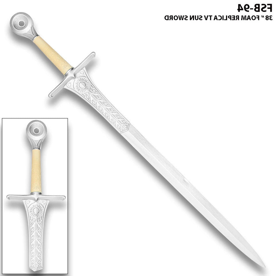 Close-up of the Sun Sword Foam display collectible highlighting the fantasy-inspired handle, decorative metallic finish, premium high-density foam construction, sculpted crossguard, reinforced core, and collector-grade craftsmanship created for fantasy enthusiasts, cosplay displays, and themed interiors.