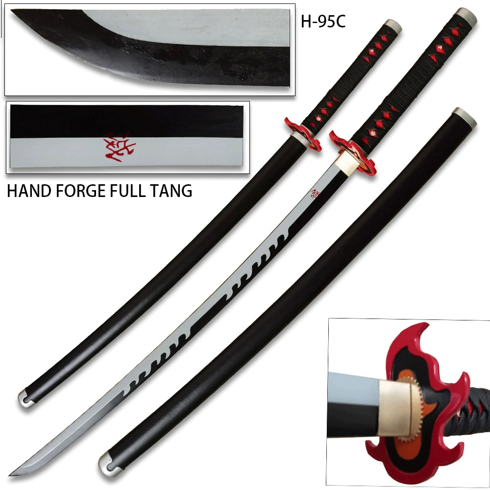 Close-up of Tanjiro Kamado Flame Nichirin collectible showing the metal flame guard, zinc fittings and black grip