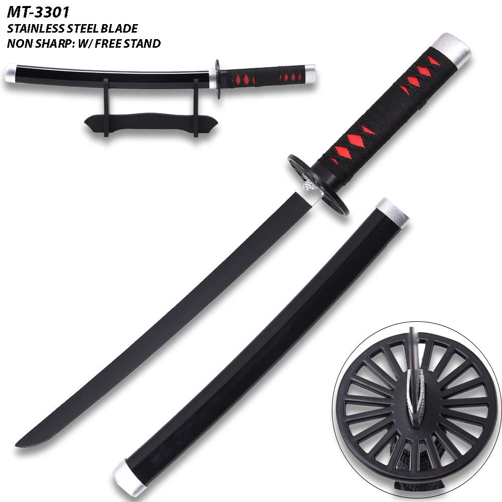 Demon Slayer Tanjiro Kamado Mini Tanto display collectible displayed with its matching decorative scabbard and presentation stand, creating an impressive centerpiece for anime room décor, gaming setups, collector cabinets, cosplay photography, and themed display shelves.