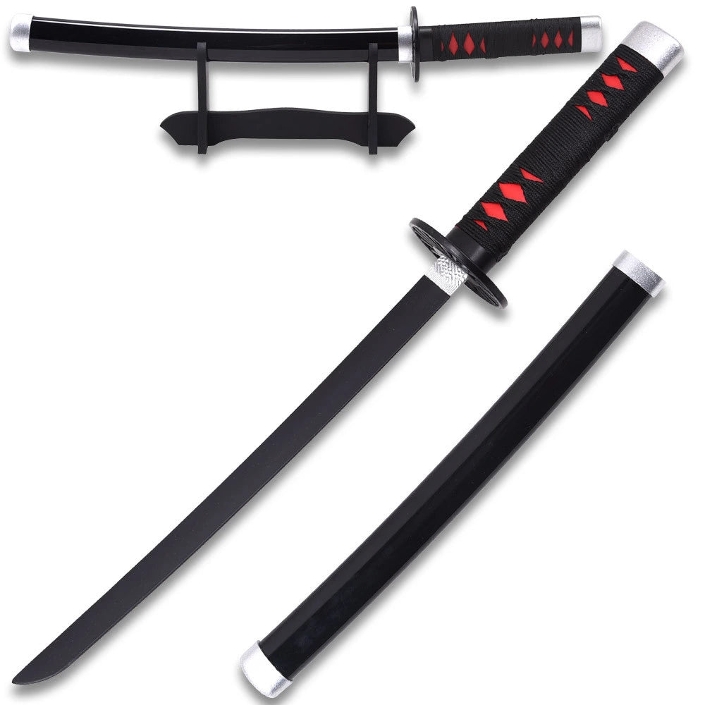 Close-up of the Tanjiro Kamado Mini Tanto display collectible highlighting the character-inspired wrapped handle, decorative metal guard, premium black display finish, refined craftsmanship, and anime-inspired styling for Demon Slayer fans and collectors.