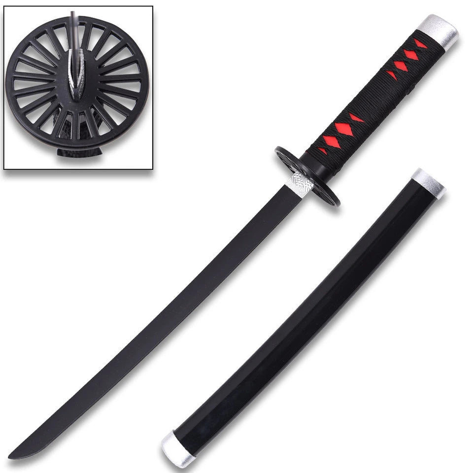 Full-length Tanjiro Kamado Mini Tanto display collectible from Demon Slayer showcasing the iconic black Nichirin styling, detailed wrapped handle, premium display finish, matching decorative scabbard, and presentation-ready craftsmanship for dedicated anime collectors.