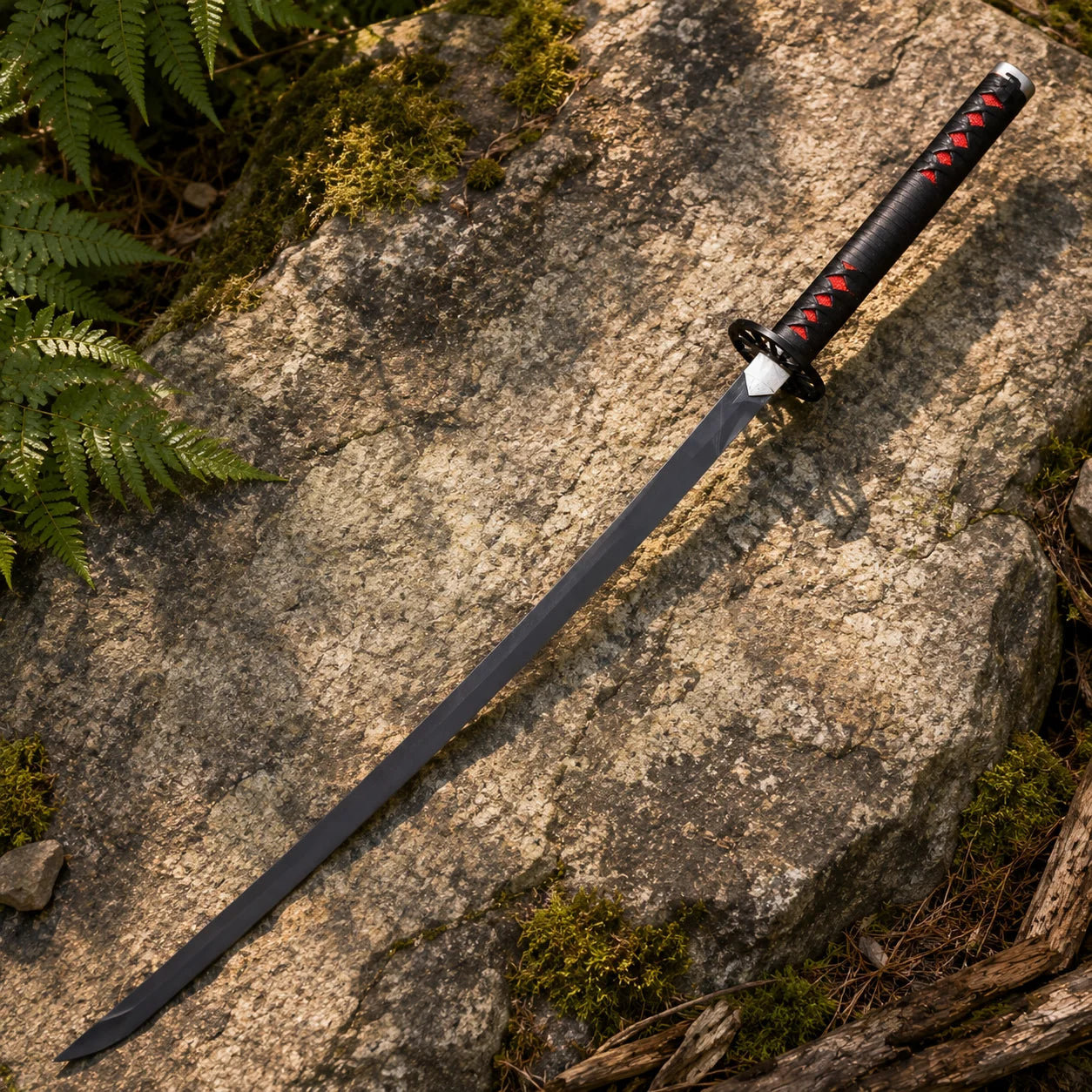 Tanjiro Nichirin Sword prop replica angled on mossy log with ferns – Kimetsu no Yaiba fan display piece
