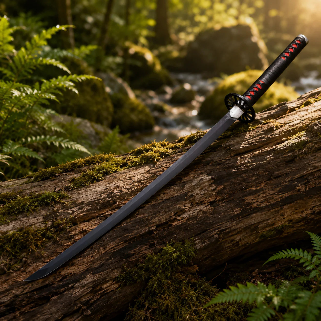 Tanjiro Kamado Nichirin Sword prop replica laid on mossy boulder in forest setting – Demon Slayer cosplay prop