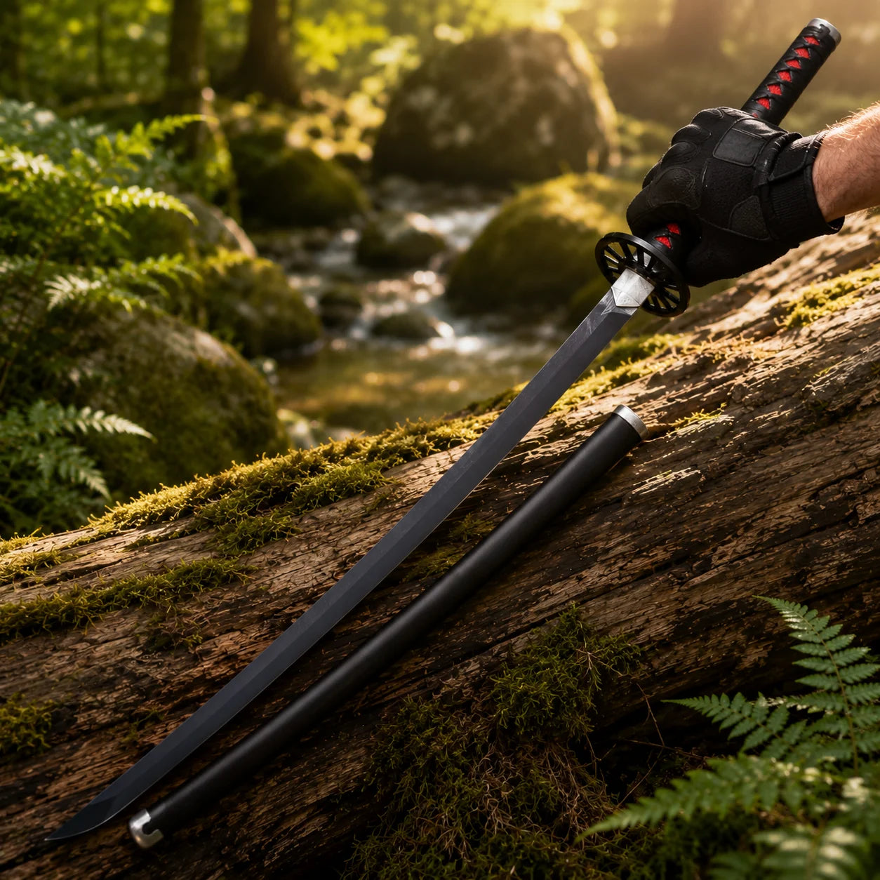 Tanjiro Kamado Nichirin Sword prop replica full length view displayed on mossy rock – Demon Slayer display collectible