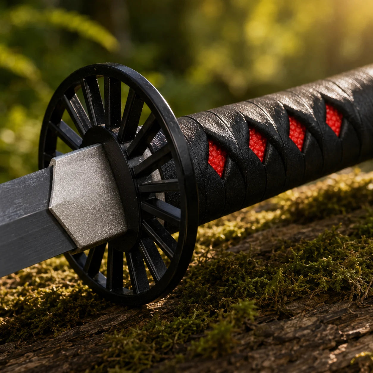 Demon Slayer Nichirin Sword prop replica resting on mossy forest log in golden sunlight – anime collectible
