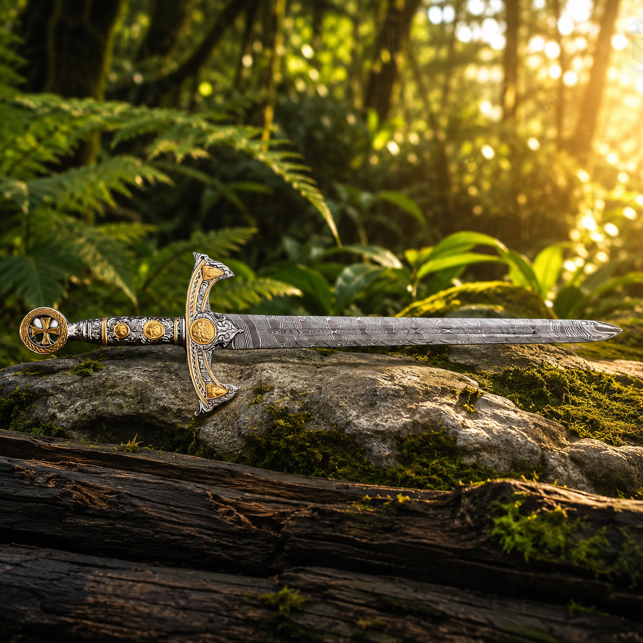 Templar Knights Damascus longsword prop replica held aloft in forest light medieval display collectible