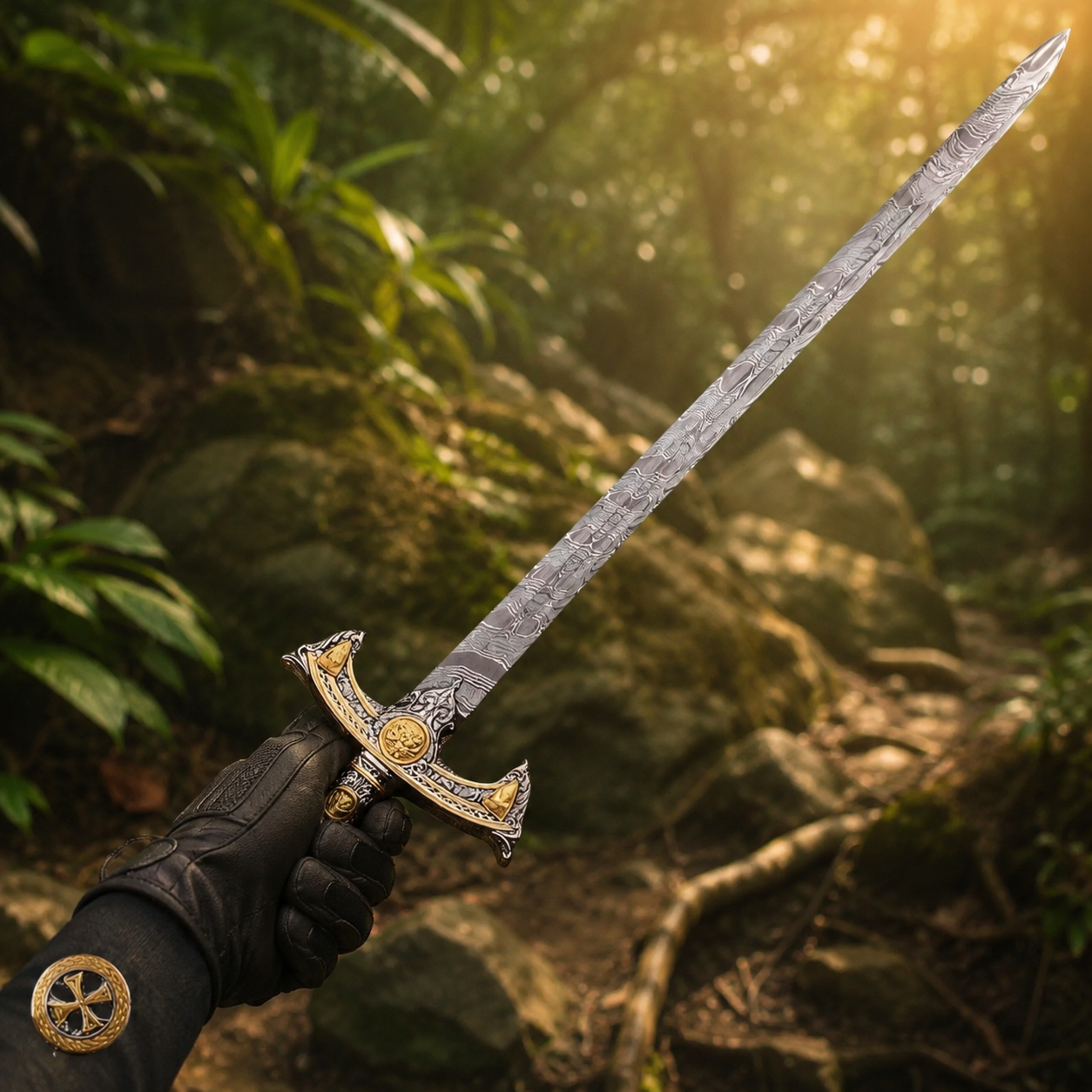 Templar Knights Damascus longsword prop replica full view gold Templar cross pommel and hilt detail