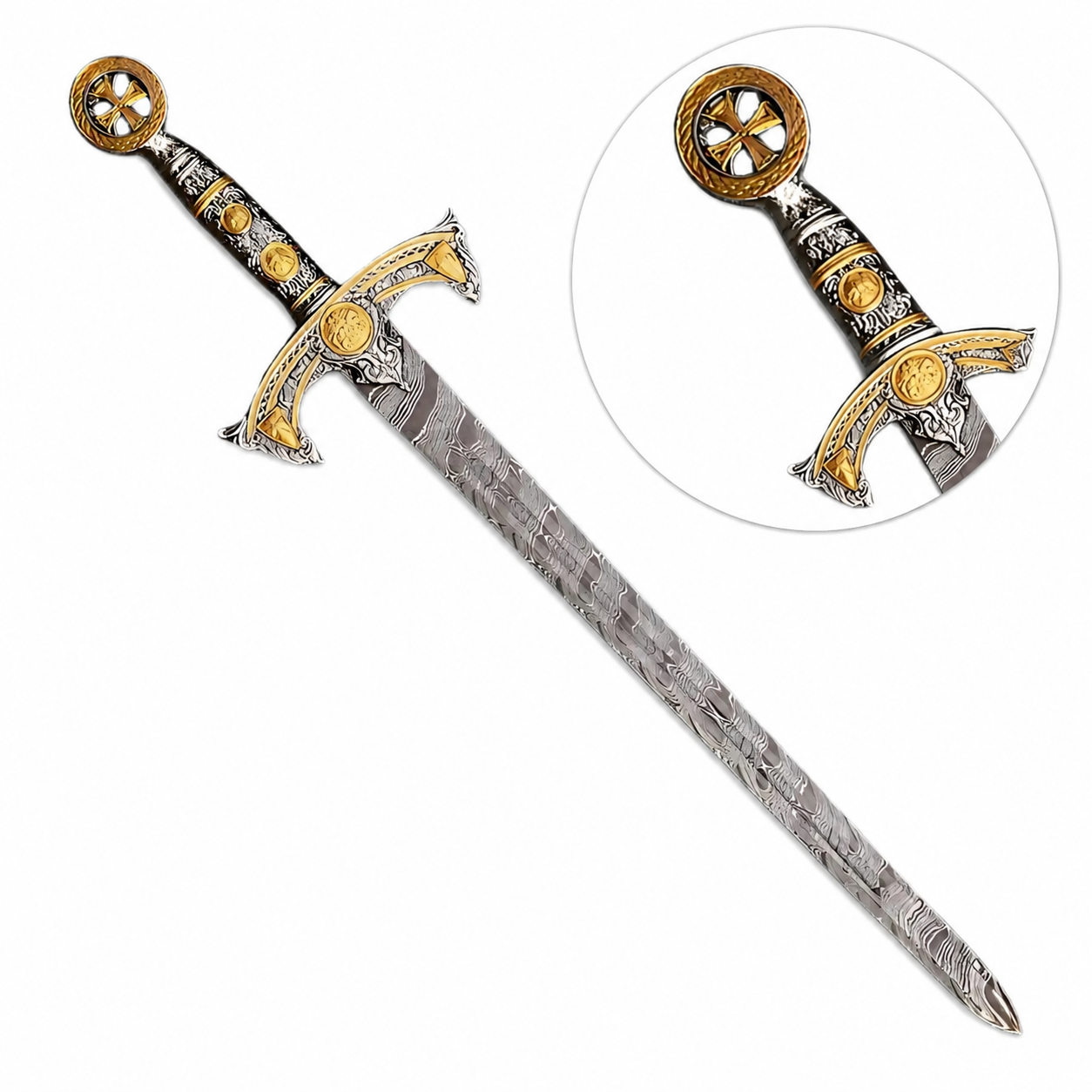Templar Knights Damascus longsword prop replica resting on mossy rock outdoor fantasy display collectible