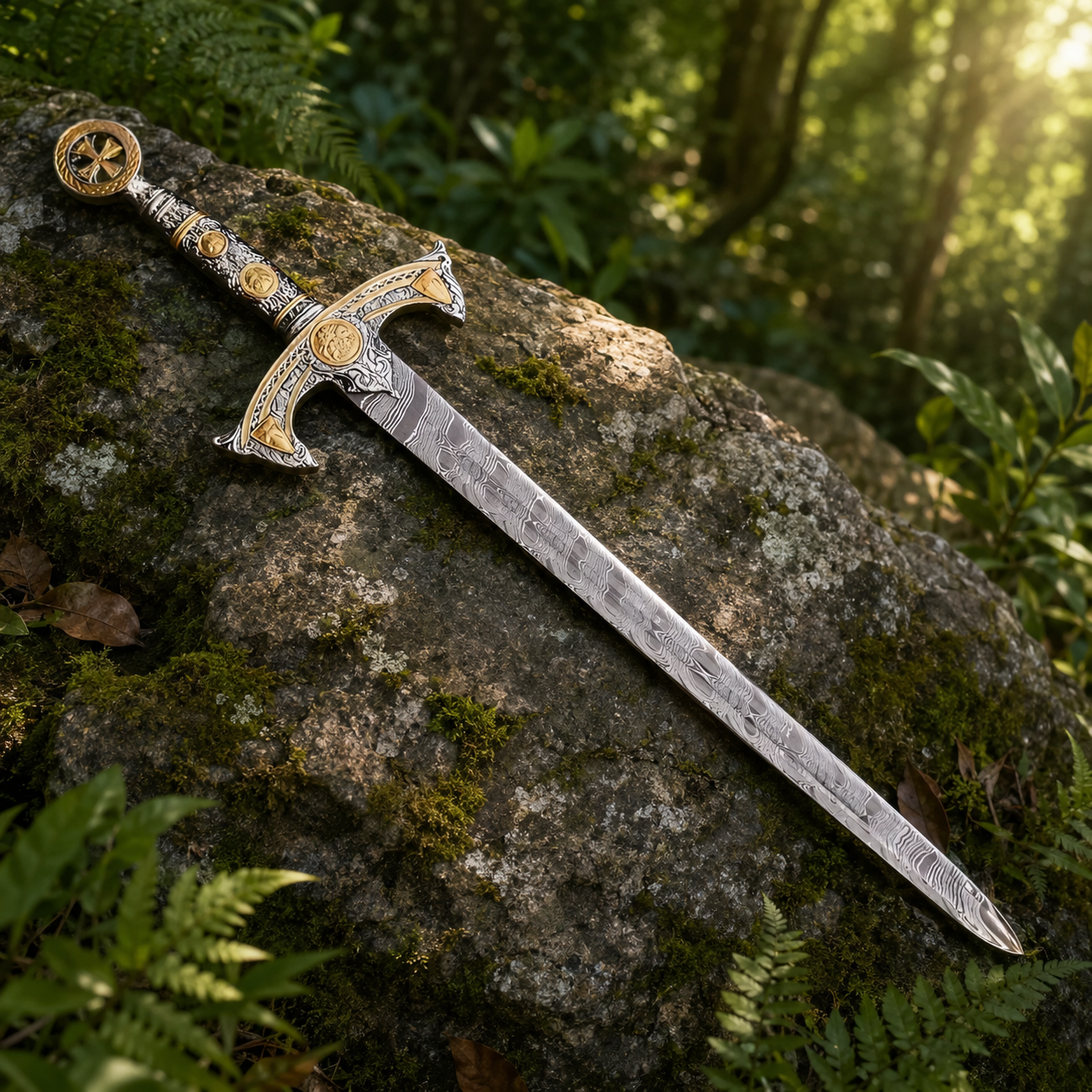 Close-up Damascus-pattern blade display finish on Templar Knights longsword prop replica collectible