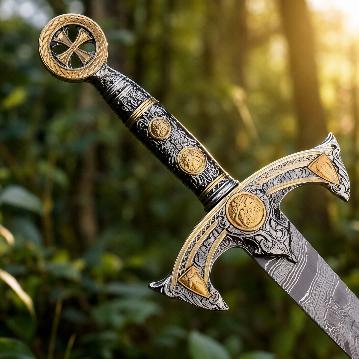 Templar Knights Damascus longsword prop replica displayed on mossy fallen log forest collectible scene