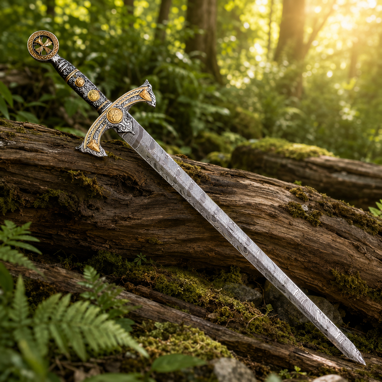 Templar Knights Damascus longsword prop replica lifestyle shot sunlit forest medieval fan collectible