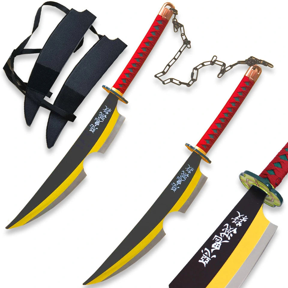 Demon Slayer Tengen Uzui sword set showing colourful blade patterns, wax-rope handles, and two coordinated sheaths