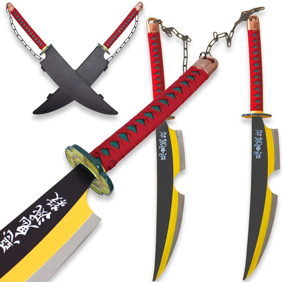 Close-up of Tengen Uzui Twin Swords featuring stainless-steel display blades, patterned details, and wrapped handles