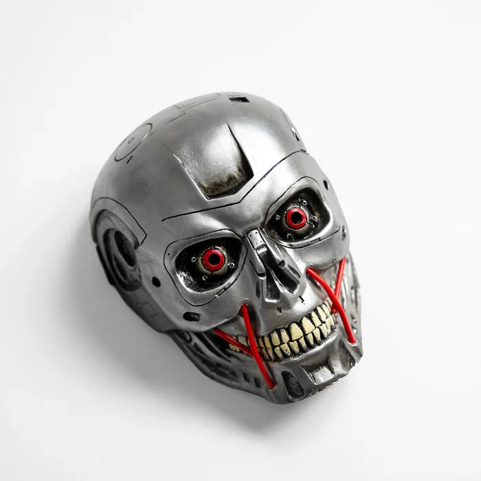 Front view of Terminator-inspired resin mask with detailed robotic features