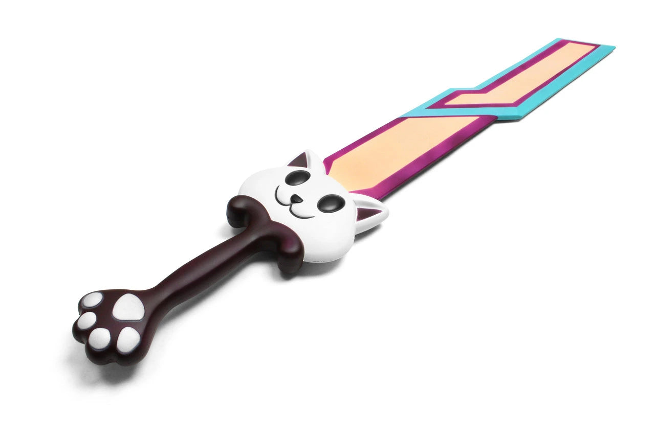 Close-up view of the Terraria Meowmere Foam Display Collectible highlighting the vibrant rainbow blade, detailed cat guard and premium painted finish for collectors
