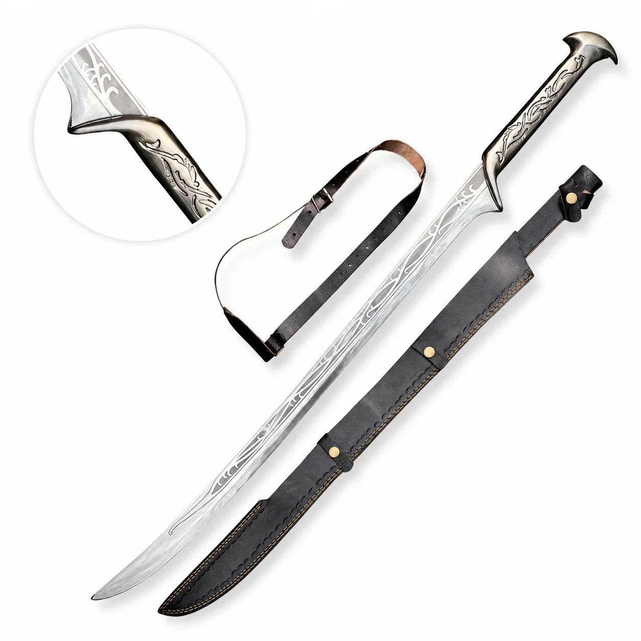 Thranduil Elven sword prop replica full length with black leather scabbard and shoulder belt strap on white background – The Hobbit LOTR collectible