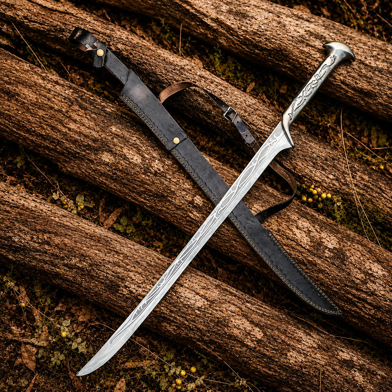Thranduil King of Mirkwood sword prop replica full length with black scabbard crossed on forest logs – The Hobbit LOTR display collectible