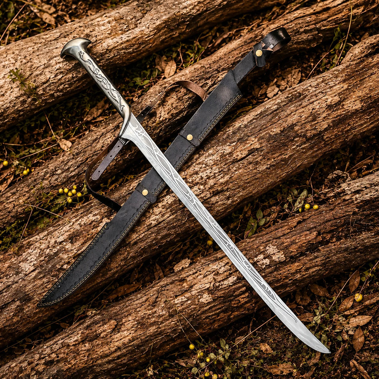Thranduil Elven sword prop replica full length with black leather scabbard and shoulder strap crossed on forest logs – The Hobbit LOTR fan gift