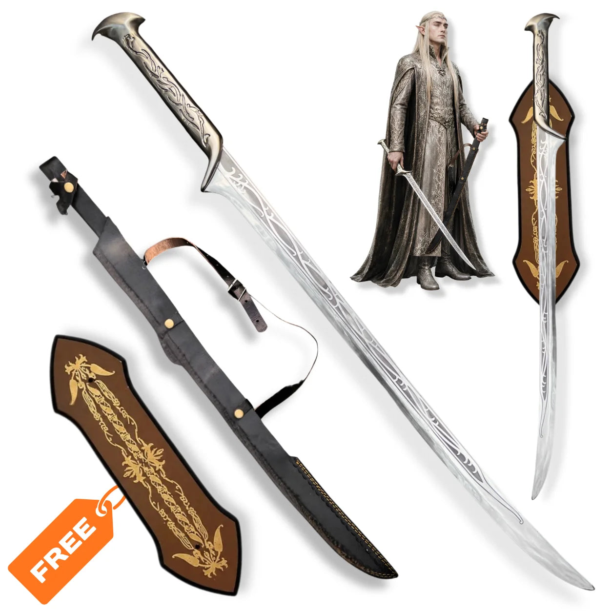 Thranduil Elven sword prop replica with black sheath and decorative wall display plaque