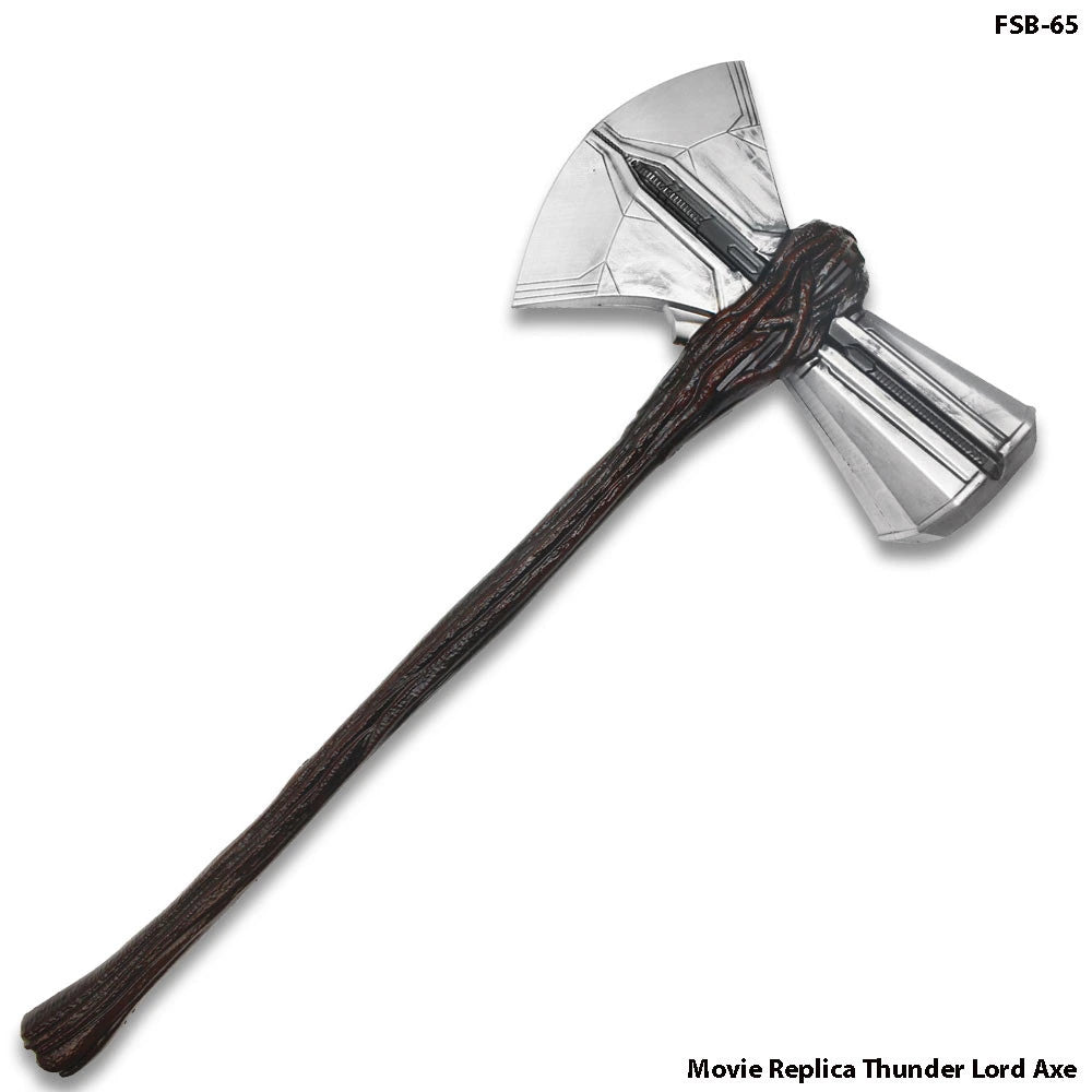 High-quality Thunder Lord fantasy foam axe collectible designed for cosplay conventions, fantasy photography, gaming room décor, collector shelves and themed displays
