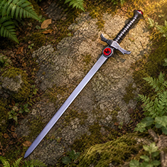 Lion-O Sword of Omens prop replica with black leather scabbard on mossy rock – ThunderCats collectible set