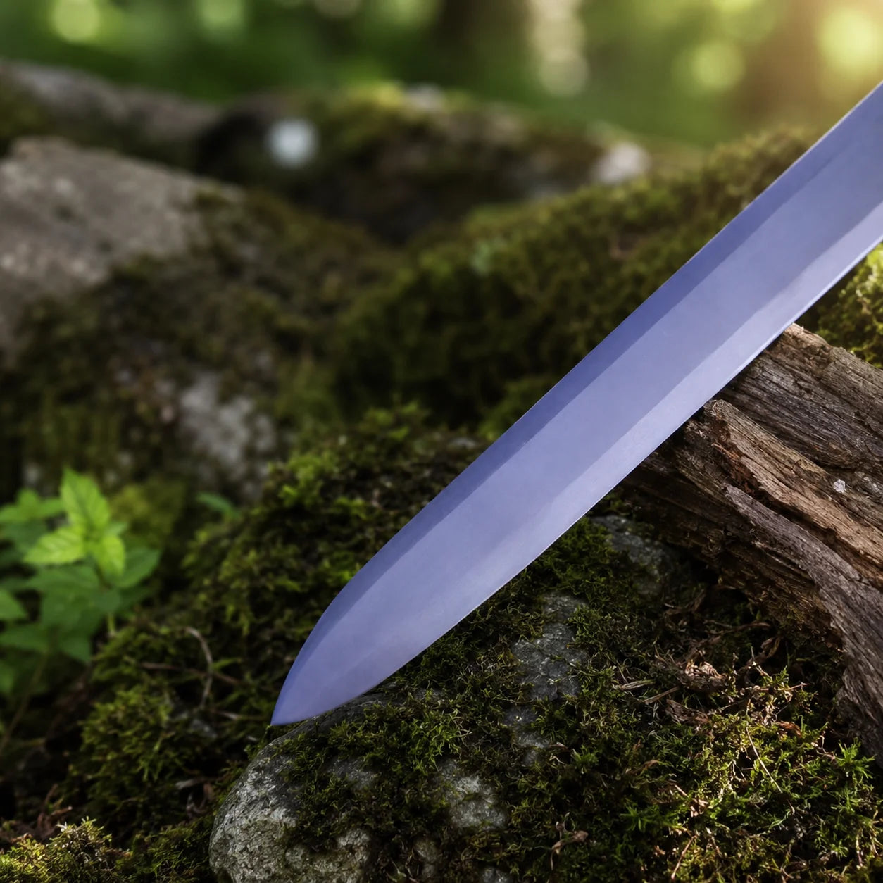 Lion-O Sword of Omens prop replica leaning on fern-covered log in forest – ThunderCats collectible