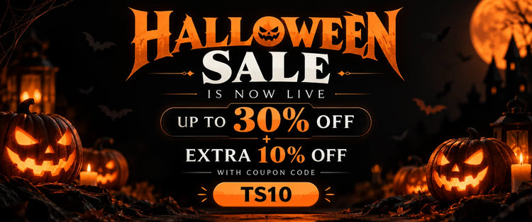 Titan Swords Halloween Sale 2026 desktop banner featuring glowing pumpkins, up to 30% off plus an extra 10% off with coupon code TS10.