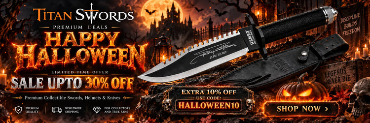 Titan Swords Halloween wide banner featuring a Rambo collectible knife, premium collectible swords helmets and knives, up to 30% off plus extra 10% off with code HALLOWEEN10