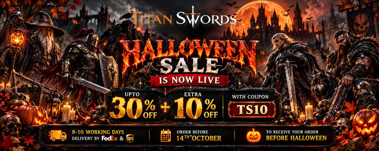Titan Swords Halloween Sale with fantasy warriors, swords and shields, up to 30% off plus extra 10% using TS10 before Halloween