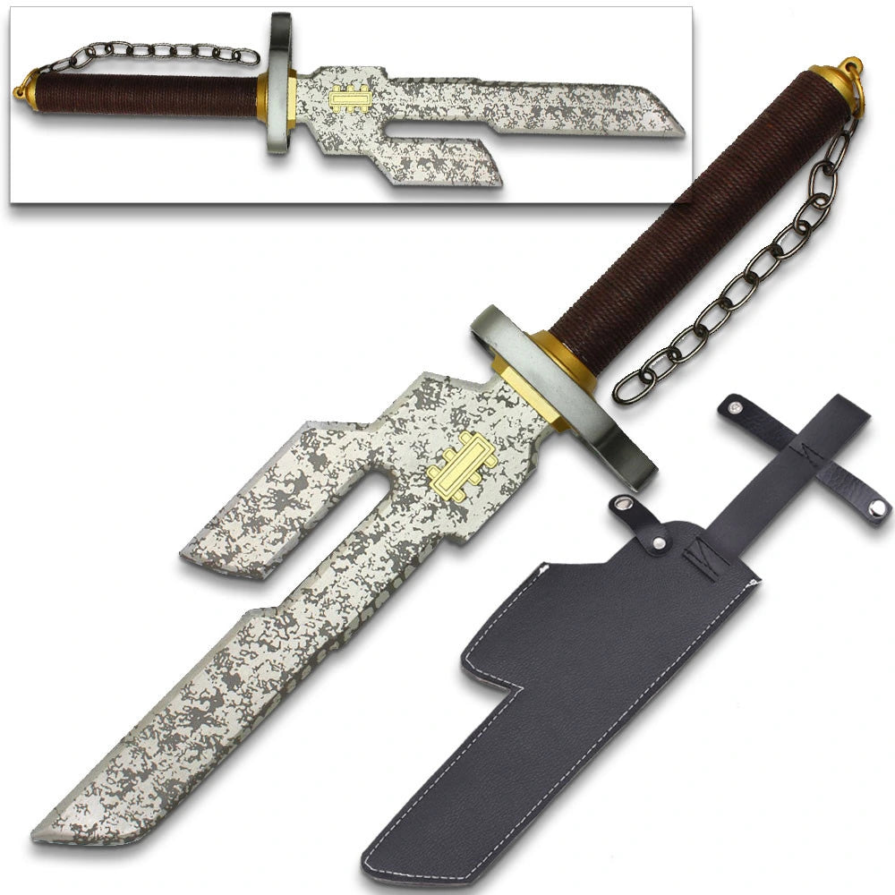 Close-up of the Toji Fushiguro Inverted Spear of Heaven display collectible highlighting the decorative stainless steel blade, engraved guard, premium display finish, ergonomic full-length grip, matching decorative sheath, and collector-quality craftsmanship inspired by the Hidden Inventory arc of Jujutsu Kaisen.