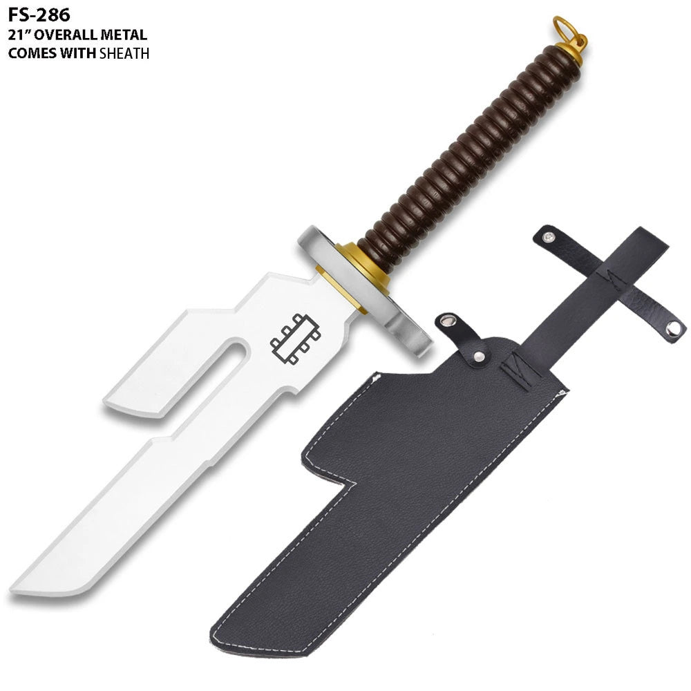 Close-up of the Toji Fushiguro Inverted Spear of Heaven display collectible highlighting the decorative stainless steel blade, detailed engraved guard, premium display finish, ergonomic full-length grip, matching sheath, and collector-quality craftsmanship inspired by Jujutsu Kaisen.