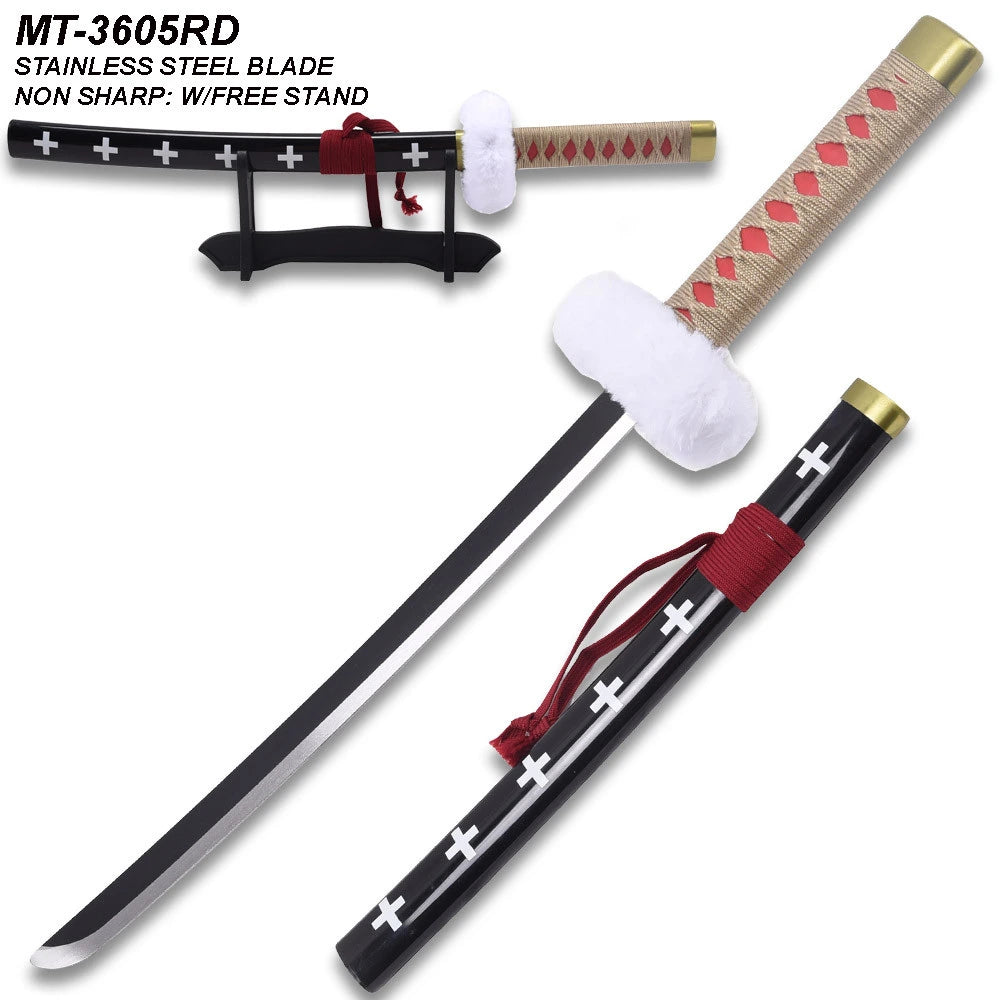 One Piece Trafalgar Law Kikoku display collectible presented with its matching decorative scabbard and display stand, making an excellent centerpiece for collector cabinets, anime room décor, gaming setups, and photography displays.