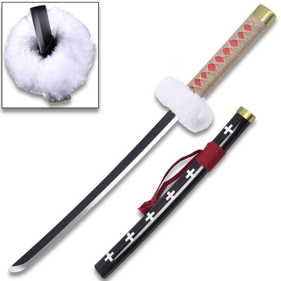Close-up of the Trafalgar Law Kikoku display collectible handle highlighting the detailed wrapping pattern, decorative guard, premium finish, and anime-inspired craftsmanship designed for One Piece collectors and cosplay displays.