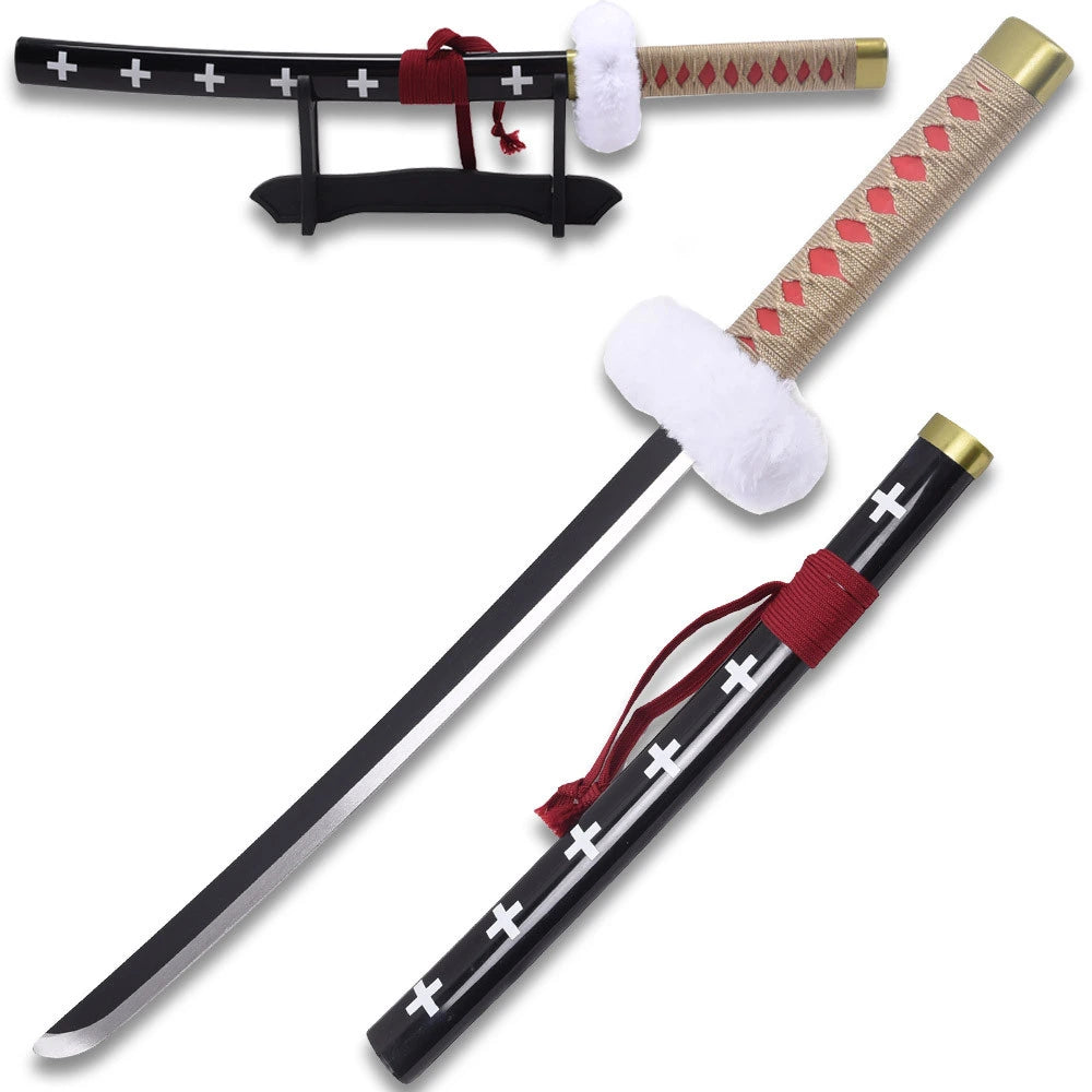 Full-length Trafalgar Law Kikoku display collectible from One Piece showcasing its elegant display finish, distinctive decorative fittings, matching scabbard, and premium craftsmanship for anime collectors and themed display shelves.