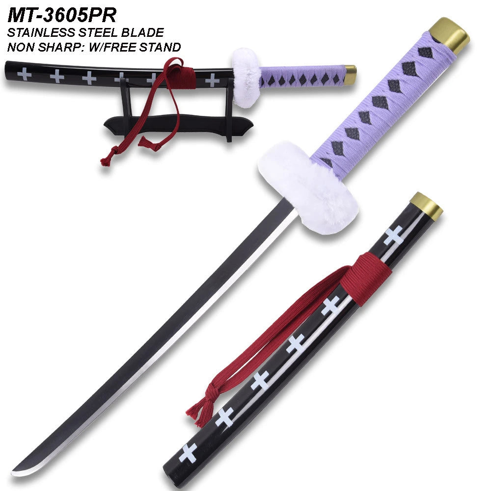 Premium Trafalgar Law Kikoku Sword decorative display collectible inspired by the Surgeon of Death from One Piece, featuring detailed metal craftsmanship and elegant black display finish.