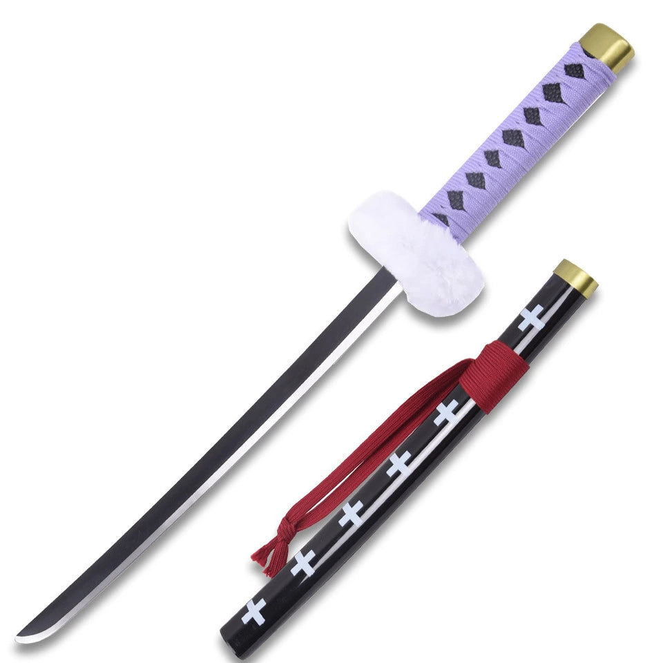 Close-up view of the Trafalgar Law Kikoku Sword handle highlighting the detailed white cross wrap, decorative guard, premium craftsmanship, and anime-inspired design for dedicated One Piece fans.