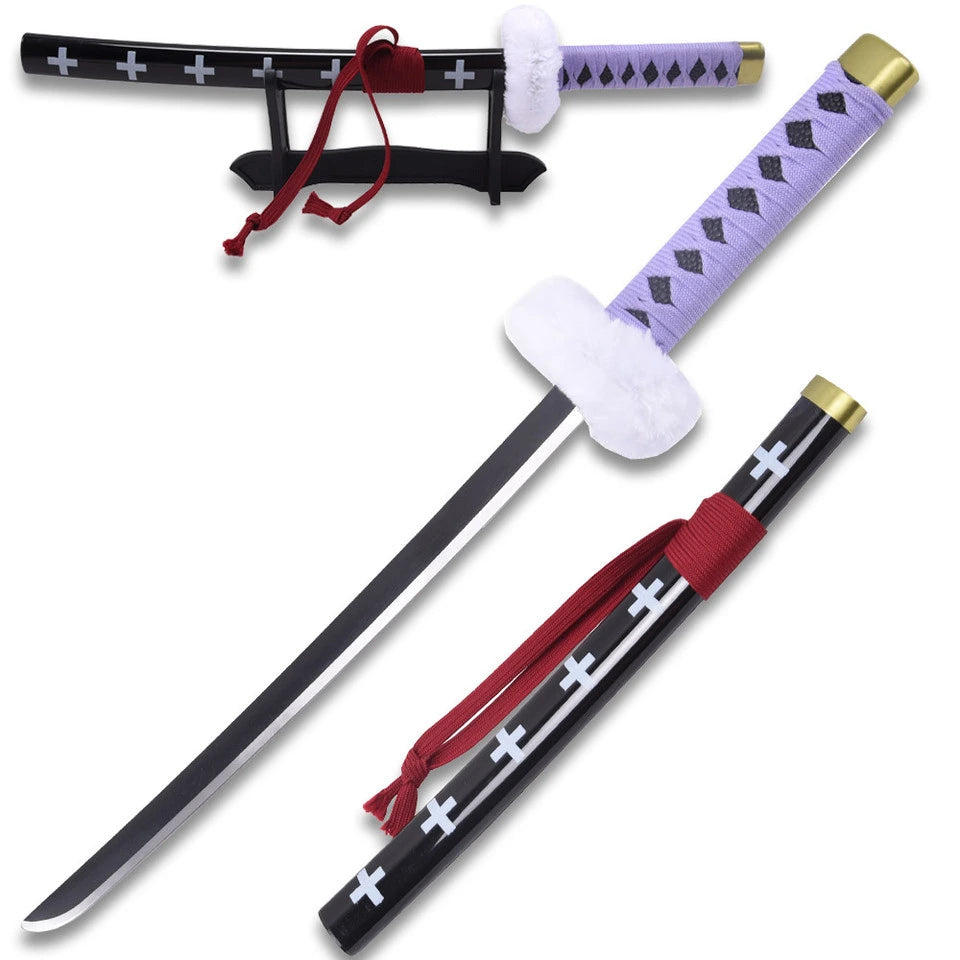 Full-length Trafalgar Law Kikoku Sword collectible from One Piece showcasing the iconic black display finish, white cross-pattern handle, matching decorative scabbard, and premium collector craftsmanship.
