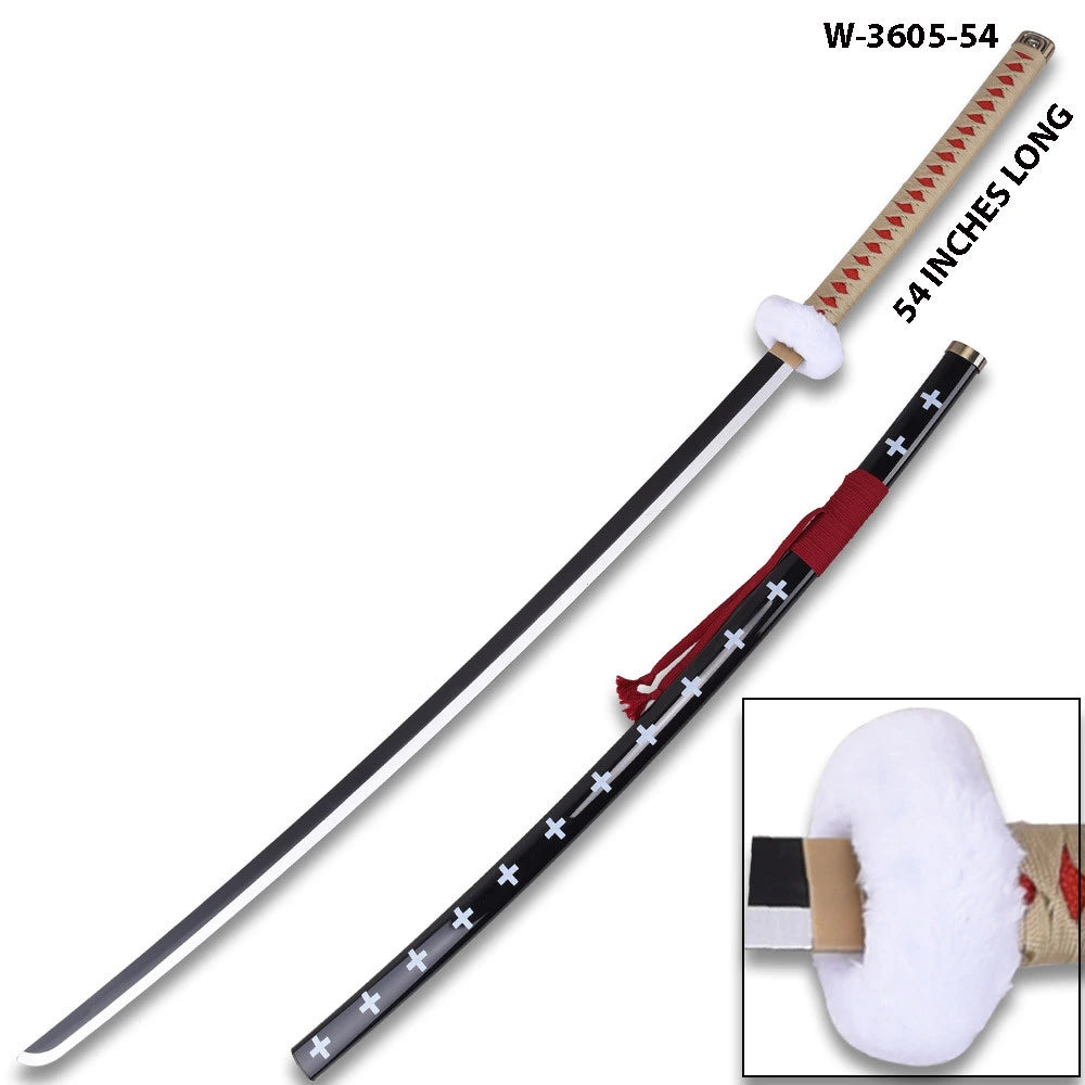 Premium Trafalgar Law Red Wood Nodachi collectible positioned on a clean display background emphasizing beautifully crafted wooden construction, detailed decorative fittings, textured wrapped handle, and collector-ready presentation inspired by One Piece.