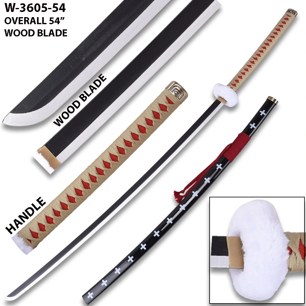 Full-length Trafalgar Law Red Wood Nodachi One Piece collectible displayed with matching plastic scabbard, showcasing premium wooden craftsmanship, decorative red finish, and impressive display-quality presentation for anime collectors.