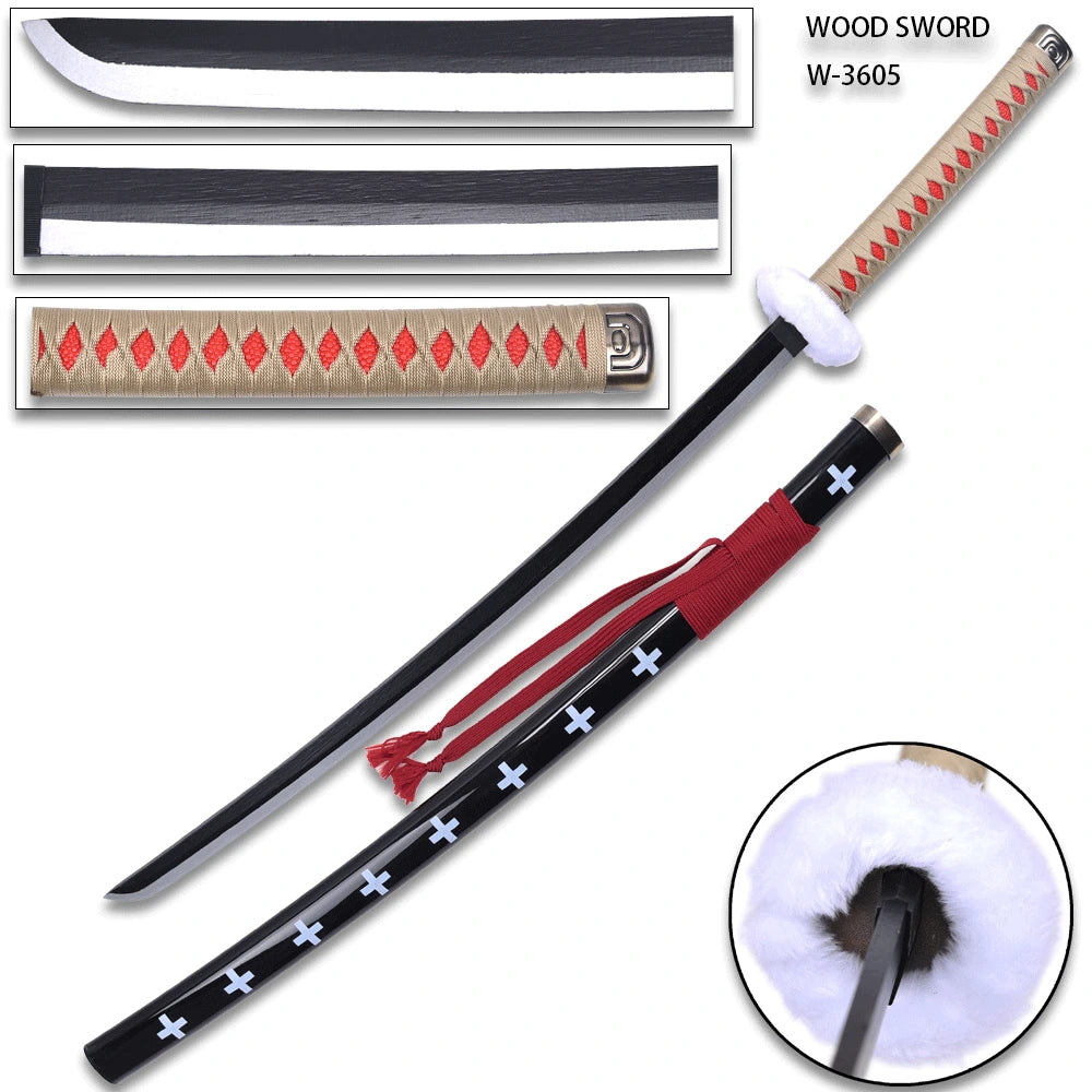 Trafalgar D. Water Law Red Sword with long handle and matching scabbard displayed for One Piece cosplay photography