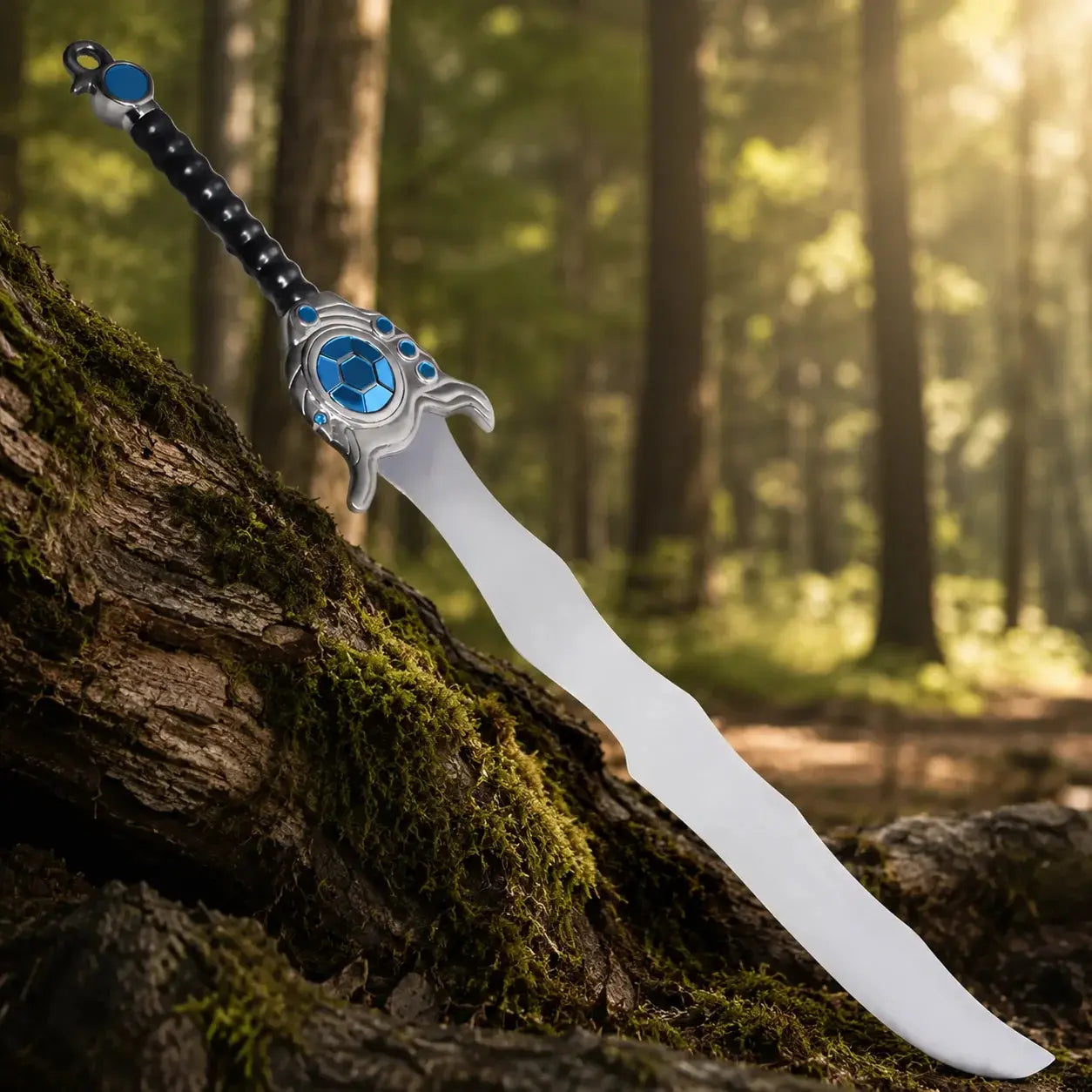 League of Legends Tryndamere sword prop replica close-up of blue gem guard and black leather wrapped handle