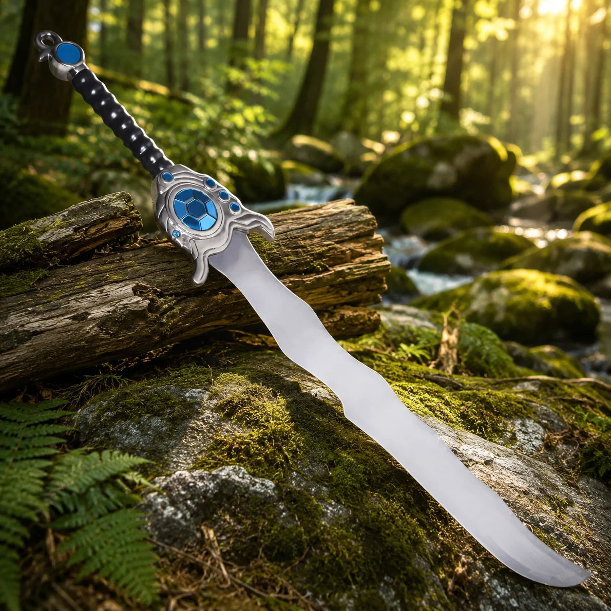 Tryndamere Barbarian King sword prop replica League of Legends fan collectible displayed in natural forest setting