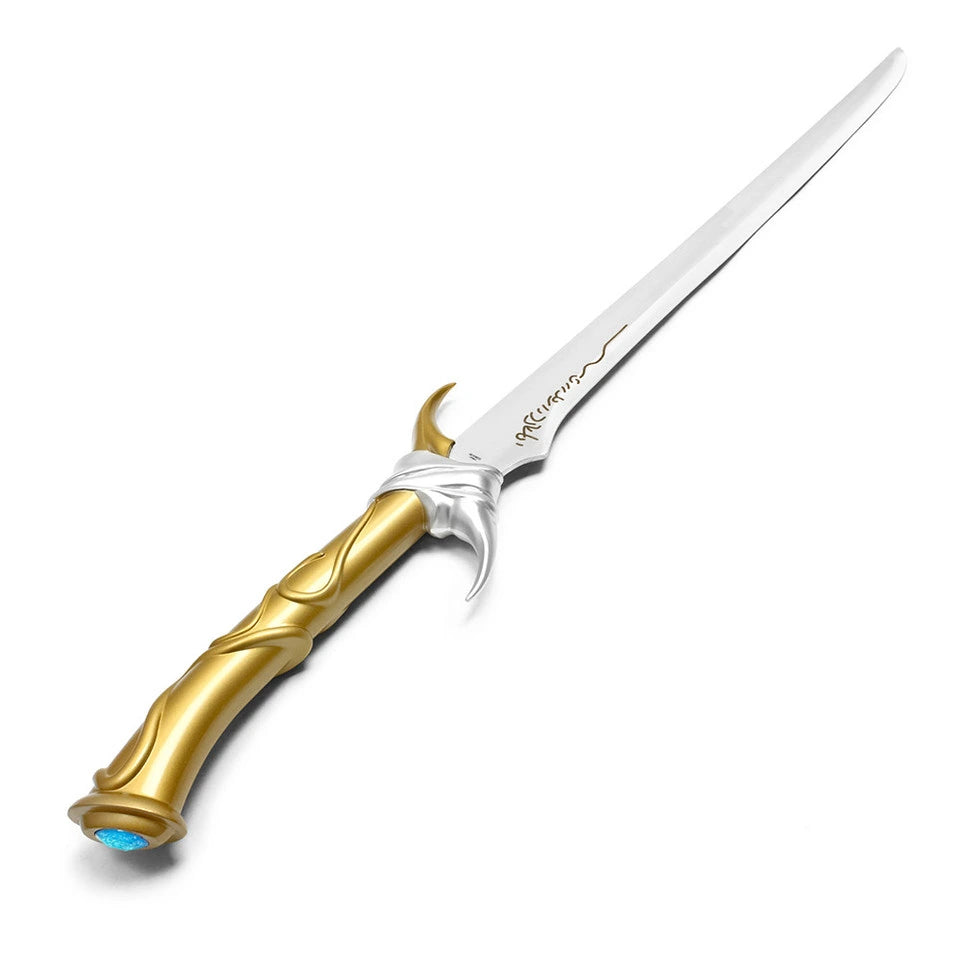 Close-up of the Twinkle Fantasy Sword display collectible showcasing the intricately designed guard, decorative handle, polished display finish, and beautifully crafted brown hardwood scabbard with premium leather detailing.