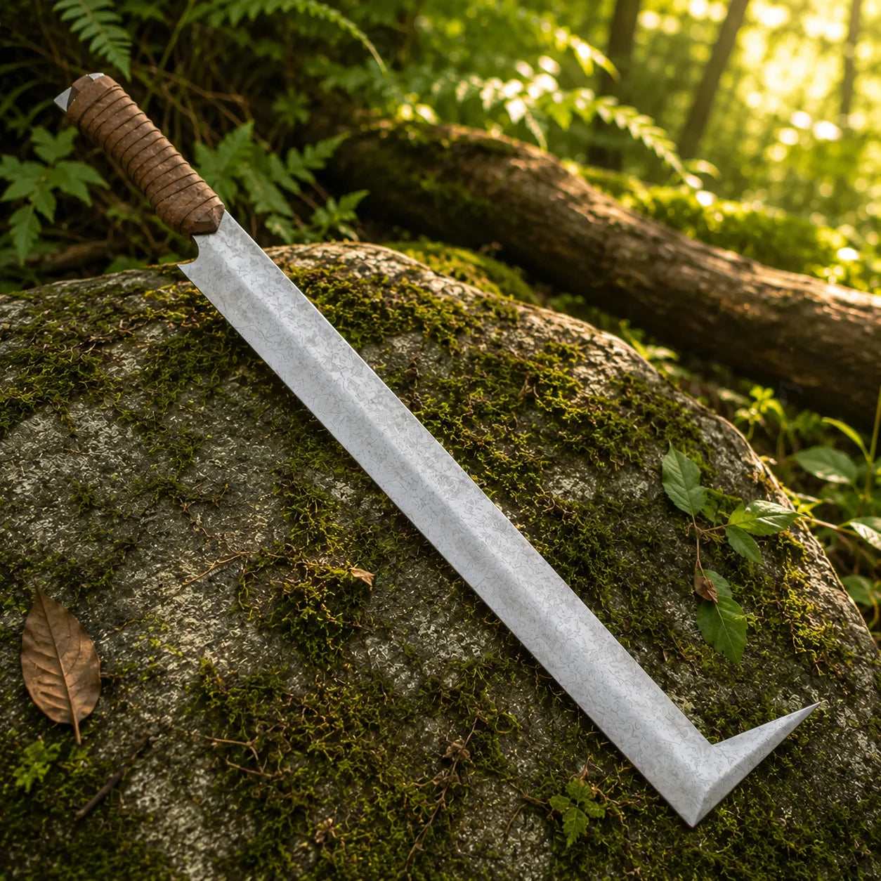 Uruk-hai scimitar prop replica close-up of brown leather cord spiral-wrapped grip with tight wrap detail small diamond-shaped pommel cap and stone-wash crackle silver blade base on mossy rock in sunlit forest – LOTR Tolkien collectible